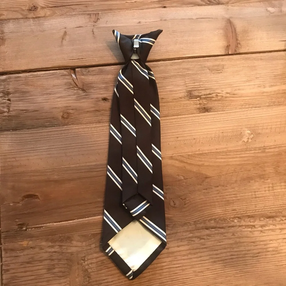 Boys Tie Clip On Brown Cream Blue 12”